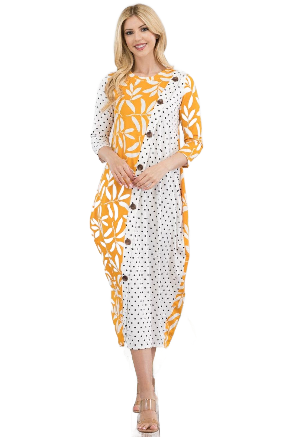 Full Size Floral Polka Dot Contrast Midi-Dress with Pockets