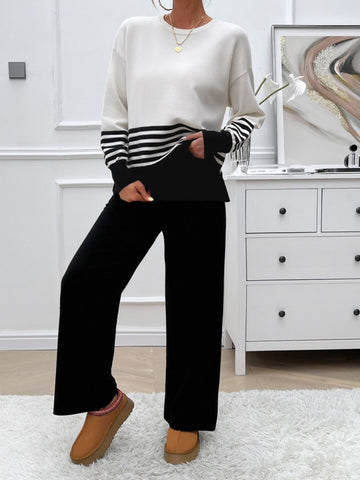 Slit Striped Round Neck Top and Pants Sweater Set