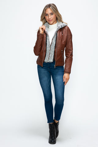 MI Faux Layered Double-Zipper Jacket with Fuzzy Hood