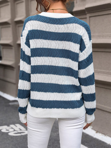 Striped Round Neck Dropped Shoulder Sweater