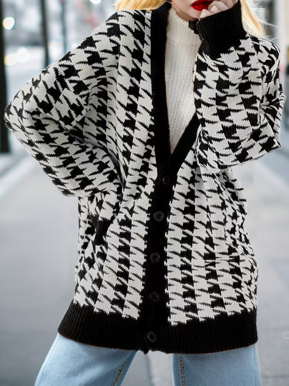 Hounds tooth Button Up Long Sleeve Cardigan