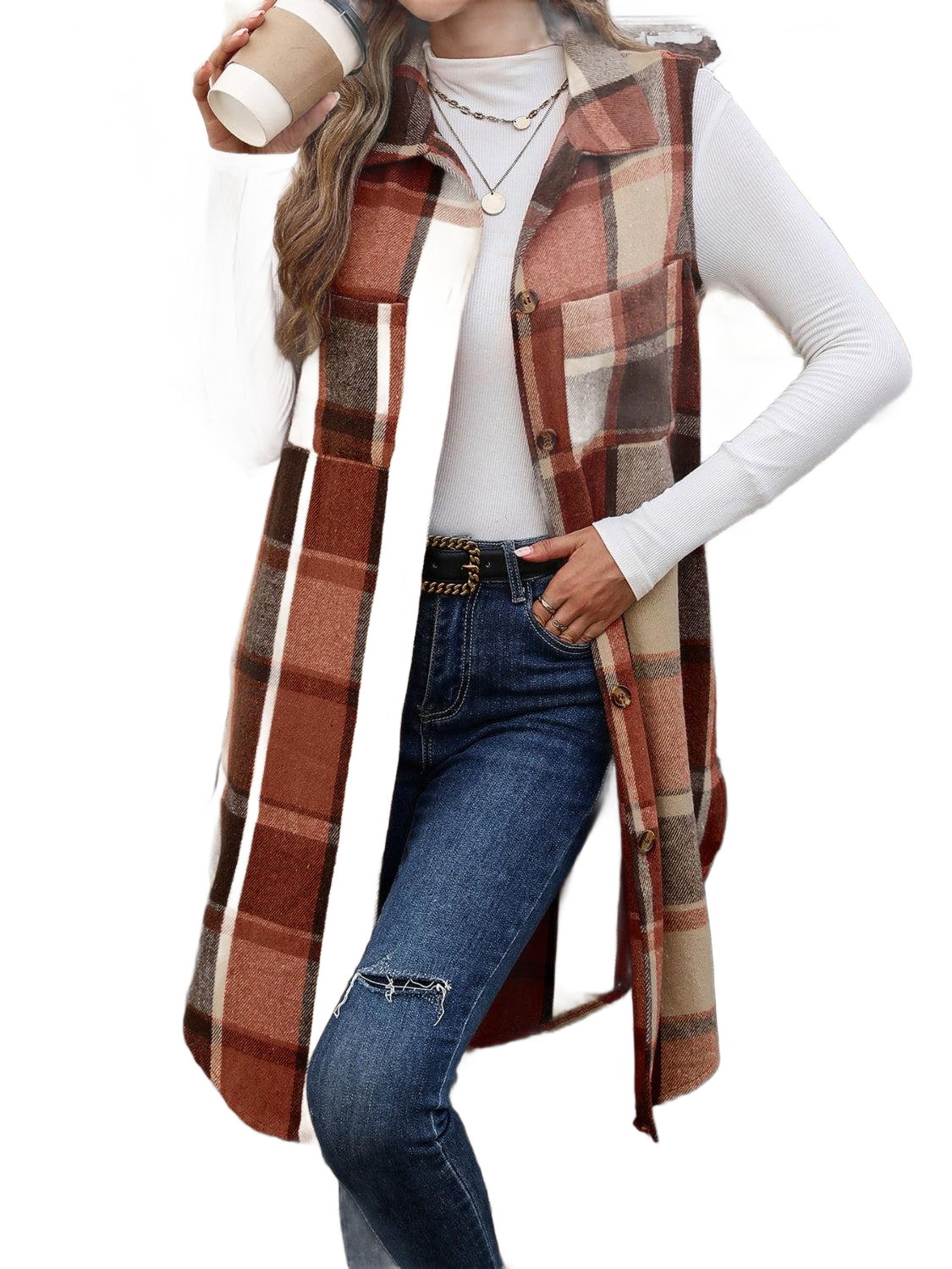 Pocketed Button Up Plaid Vest