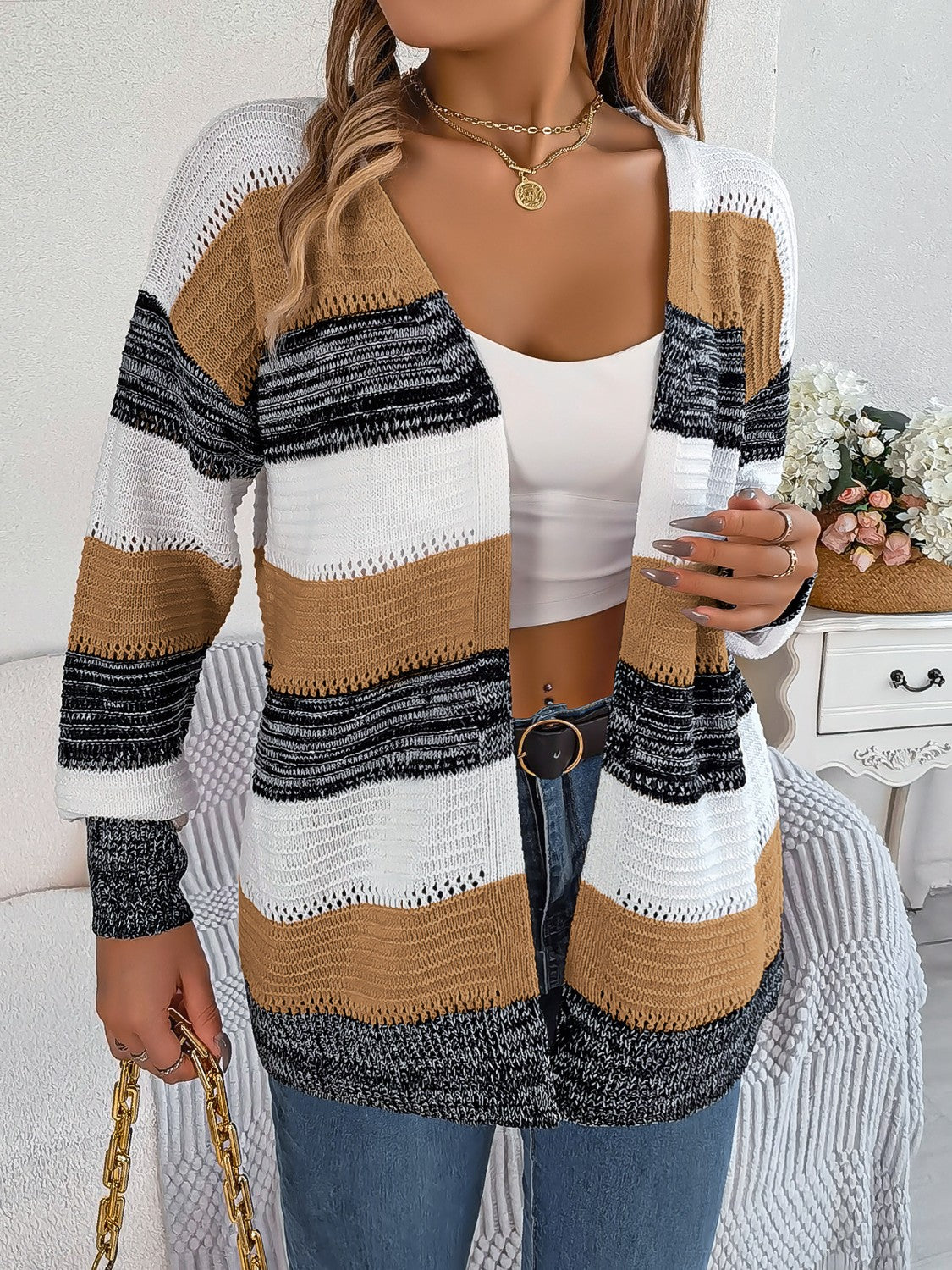 Striped Open Front Cardigan