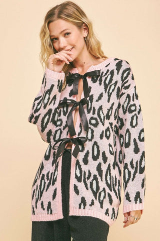 Davis & Dani Leopard Ribbon Tie Front Loose Fit Cardigan