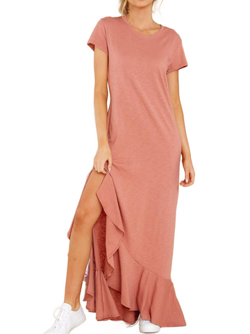 Slit Round Neck Short Sleeve Maxi Dress