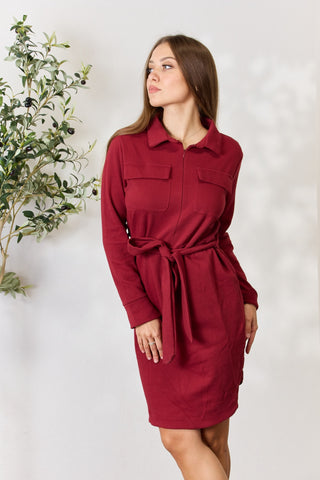 Full Size Tie Front Half Zip Long Sleeve Shirt Dress