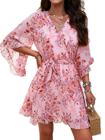 Ruffled Printed Surplice Half Sleeve Mini Dress