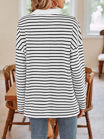 Striped Johnny Collar Long Sleeve T-Shirt