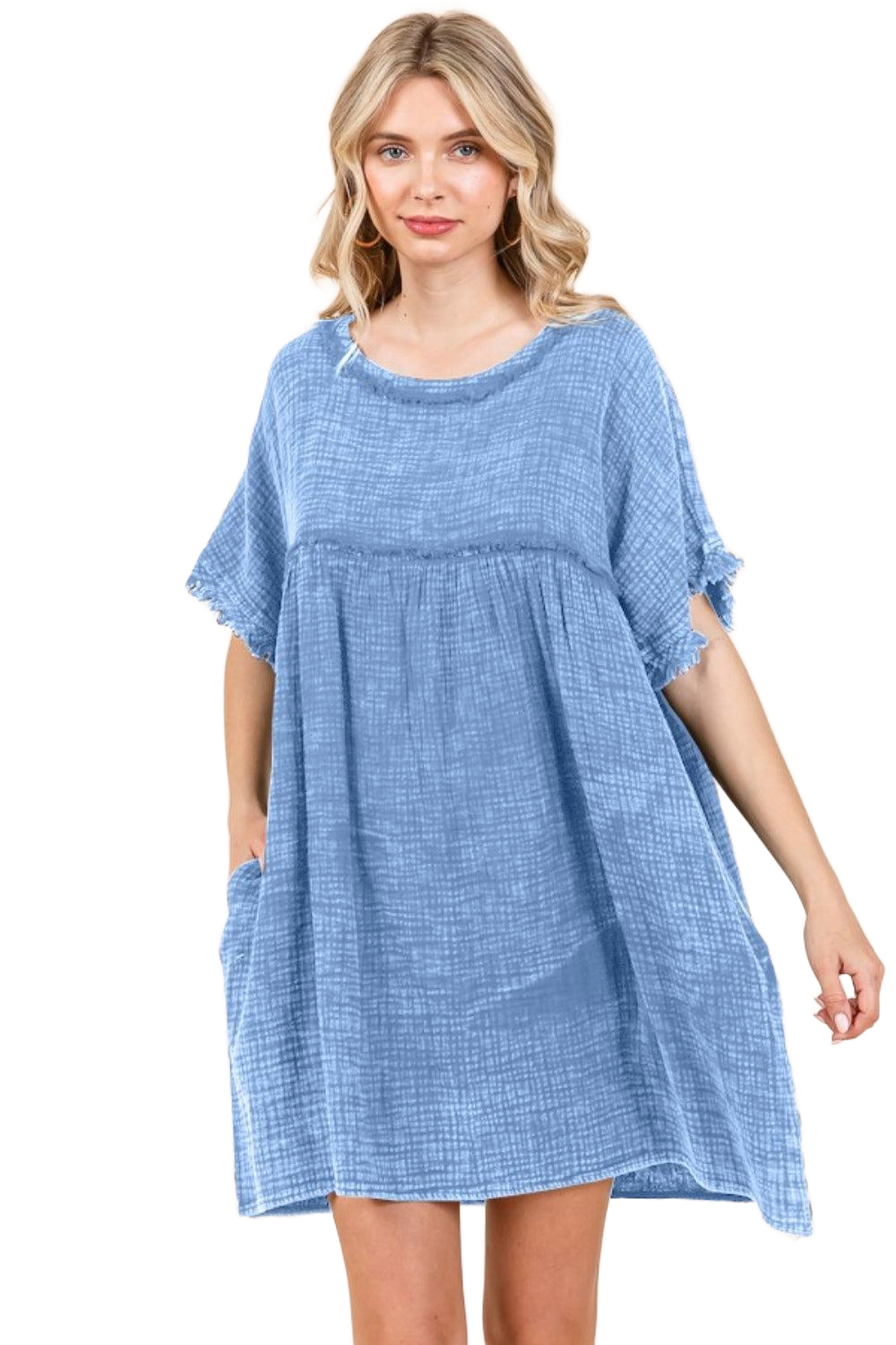 Full Size Short Sleeve Babydoll Texture Dress with Pockets