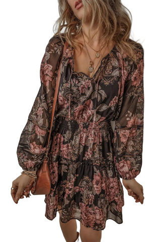 Printed Tie Neck Long Sleeve Mini Dress