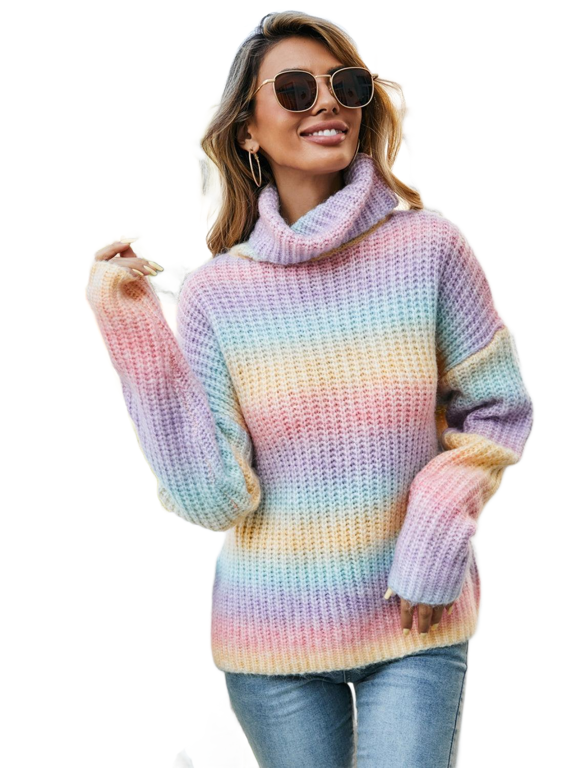 Contrast Turtleneck Dropped Shoulder Sweater