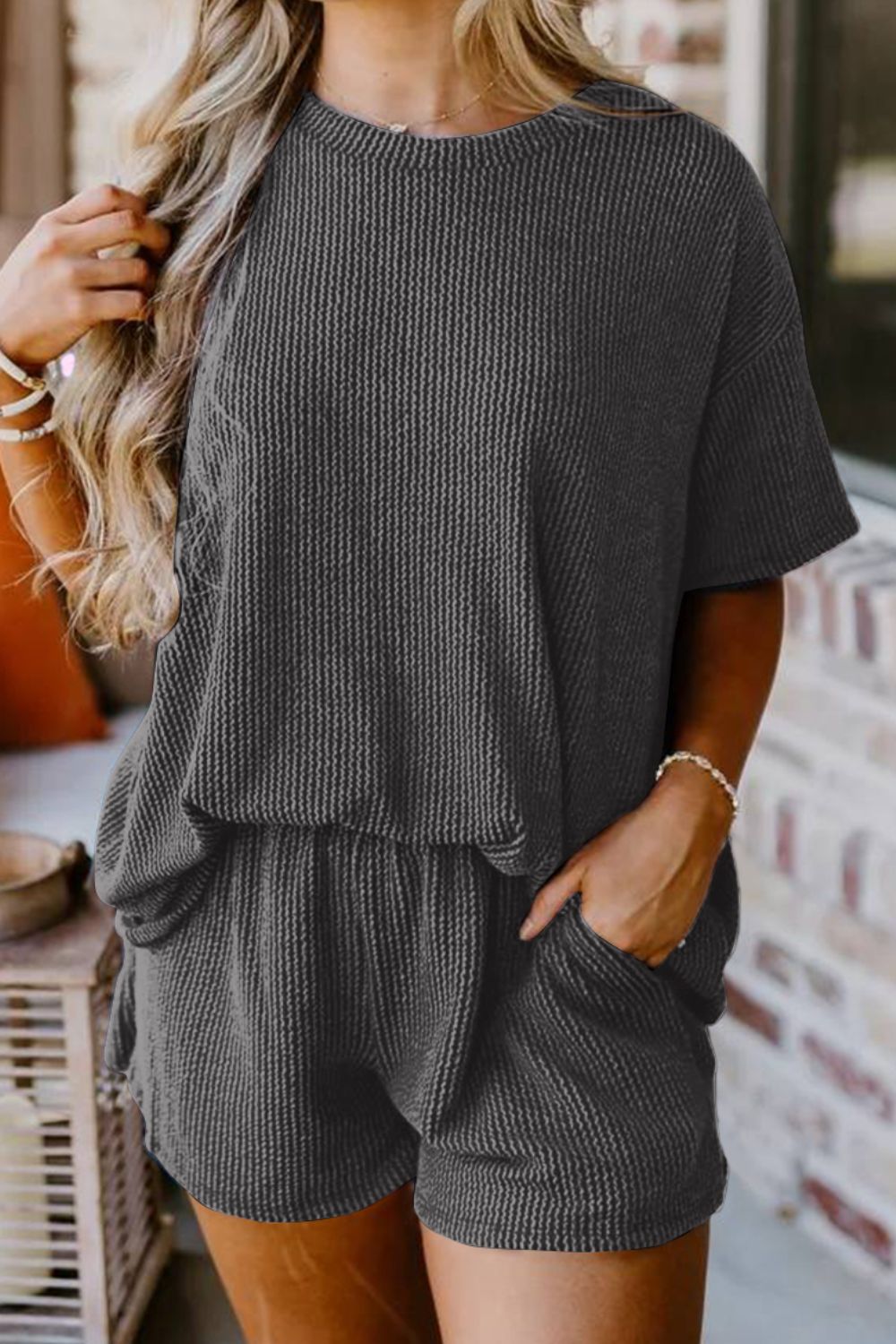 Textured Round Neck Top and Shorts Set