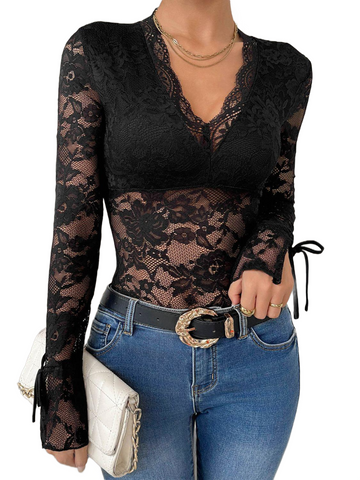 Lace V-Neck Long Sleeve Bodysuit