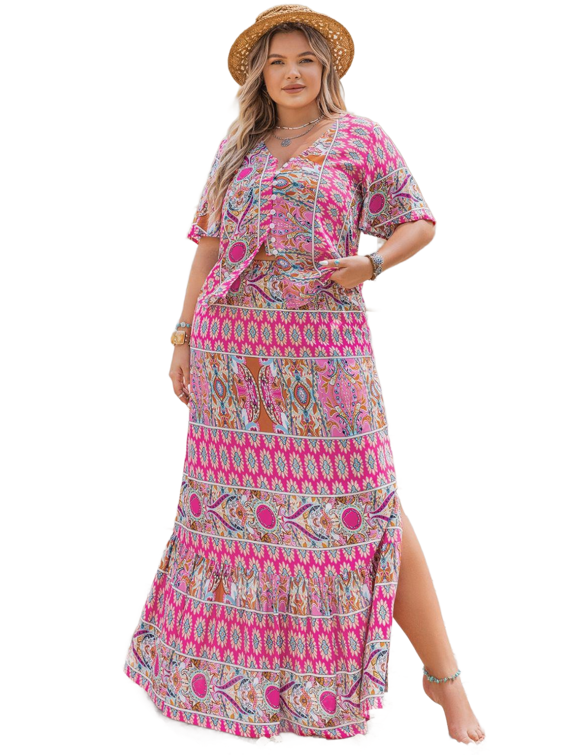 Plus Size Printed V-Neck Half Sleeve Top and Skirt Set