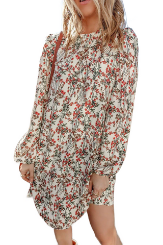 Floral Round Neck Long Sleeve Mini Dress