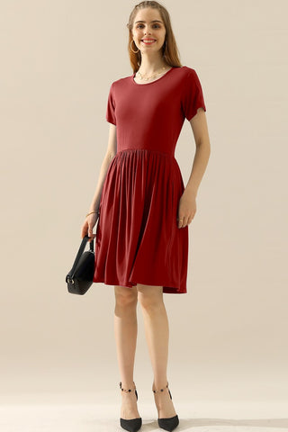 Full Size Round Neck Ruched Dress with Pockets