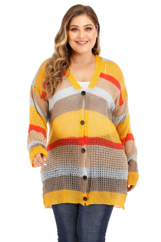 Plus  Color Block Button Up Cardigan