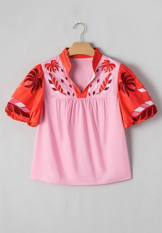 Embroidered Notched Short Sleeve Baby doll Blouse