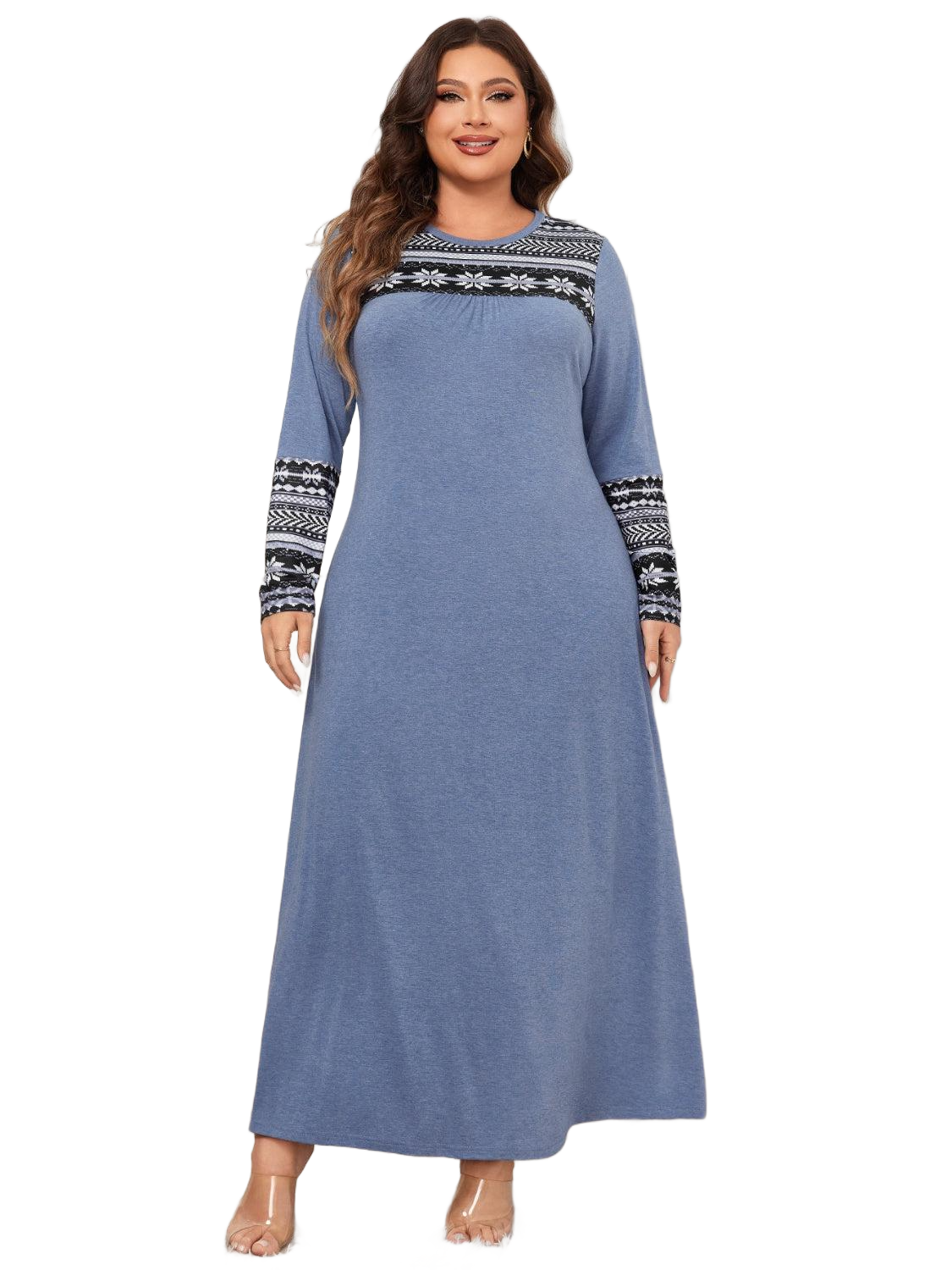 Plus Size Printed Round Neck Long Sleeve Dress