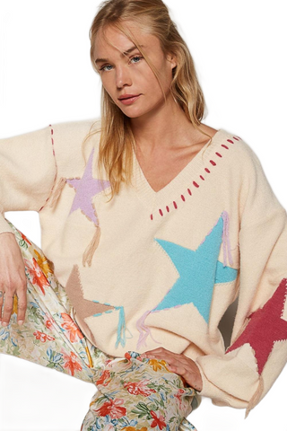 V-Neck Long Sleeve Star Fringe Sweater