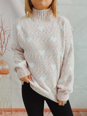 Heart Feathered Turtleneck Drop Shoulder Sweater