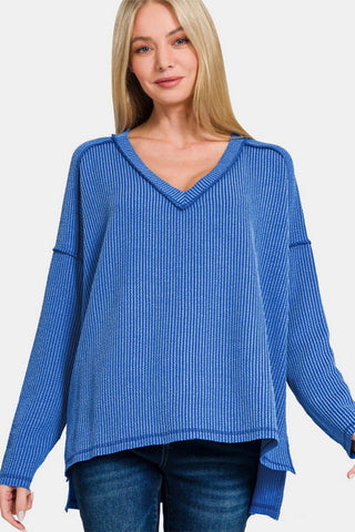 Ze nana Texture Exposed Seam V-Neck Long Sleeve T-Shirt