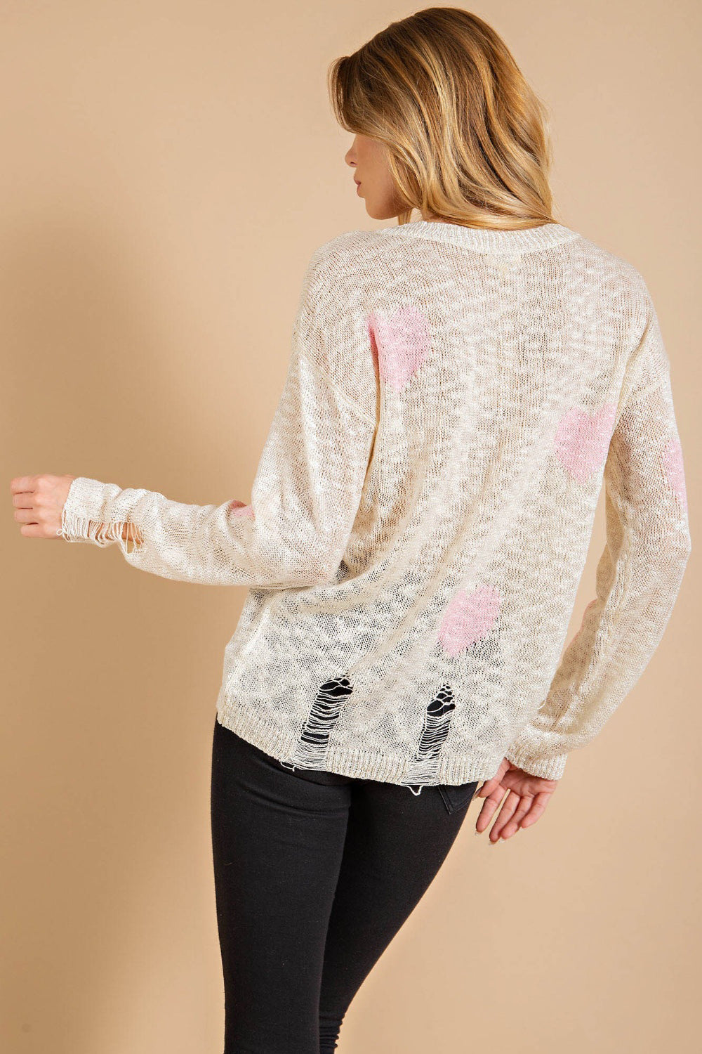 Heart Pattern Distressed Sweater