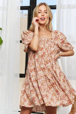 Floral Square Neck Puff Sleeve Dress