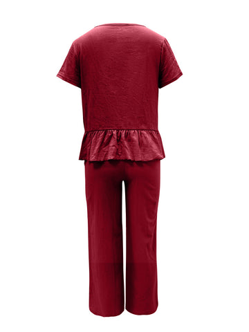 Peplus Round Neck Short Sleeve Top and Pants Set