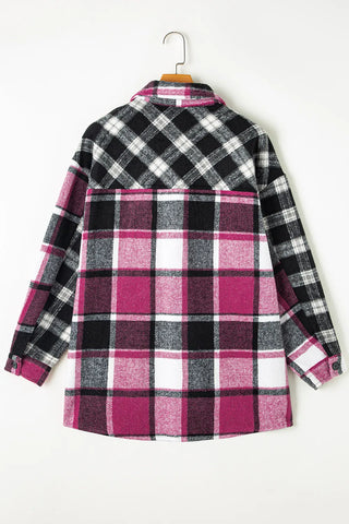 Pocketed Plaid Collared Neck Long Sleeve Shacked