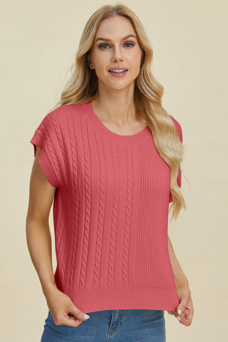 Full Size Cable-Knit Round Neck Short Sleeve Sweater