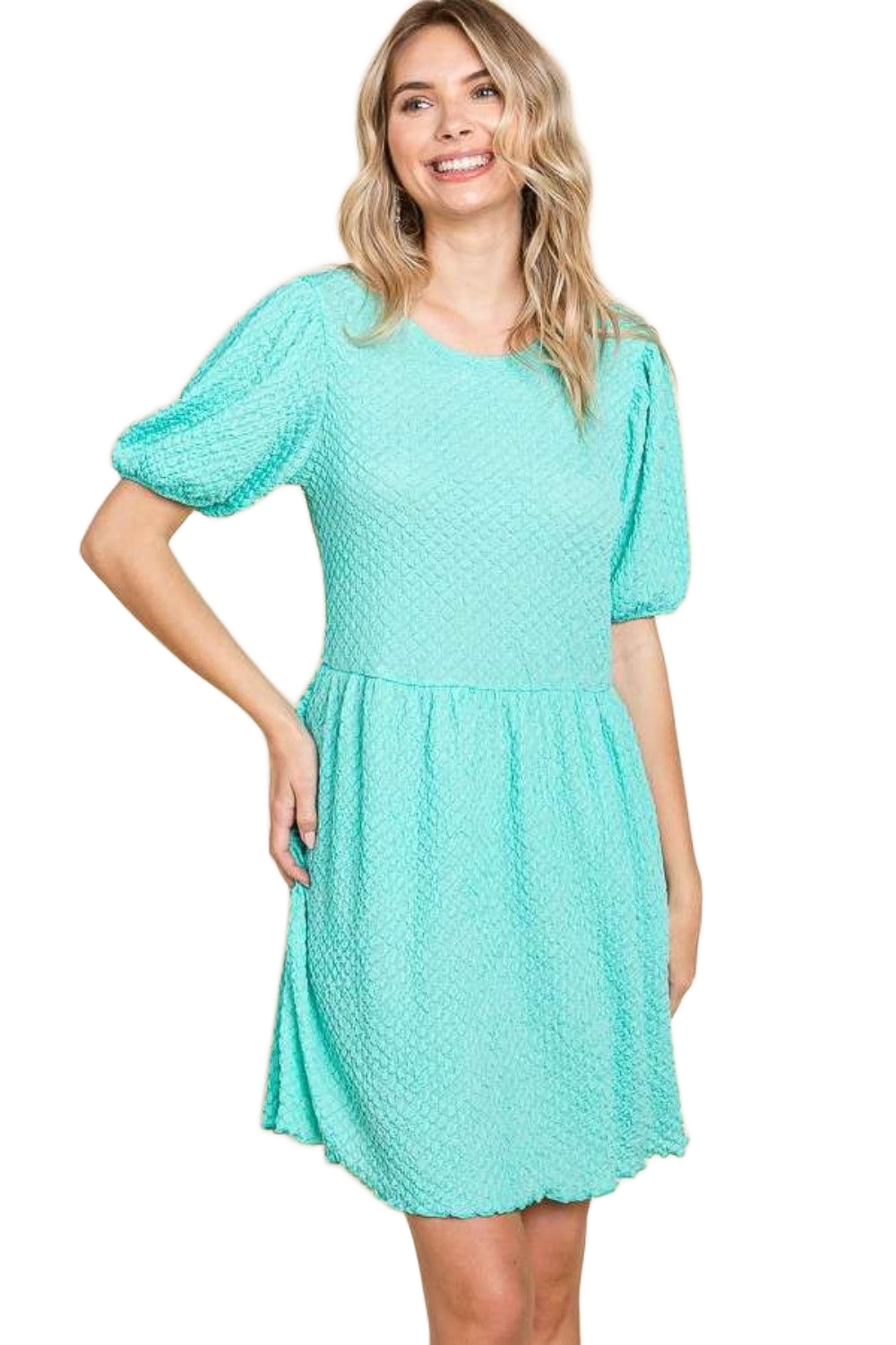 Full Size Textured Round Neck Puff Sleeve Dress