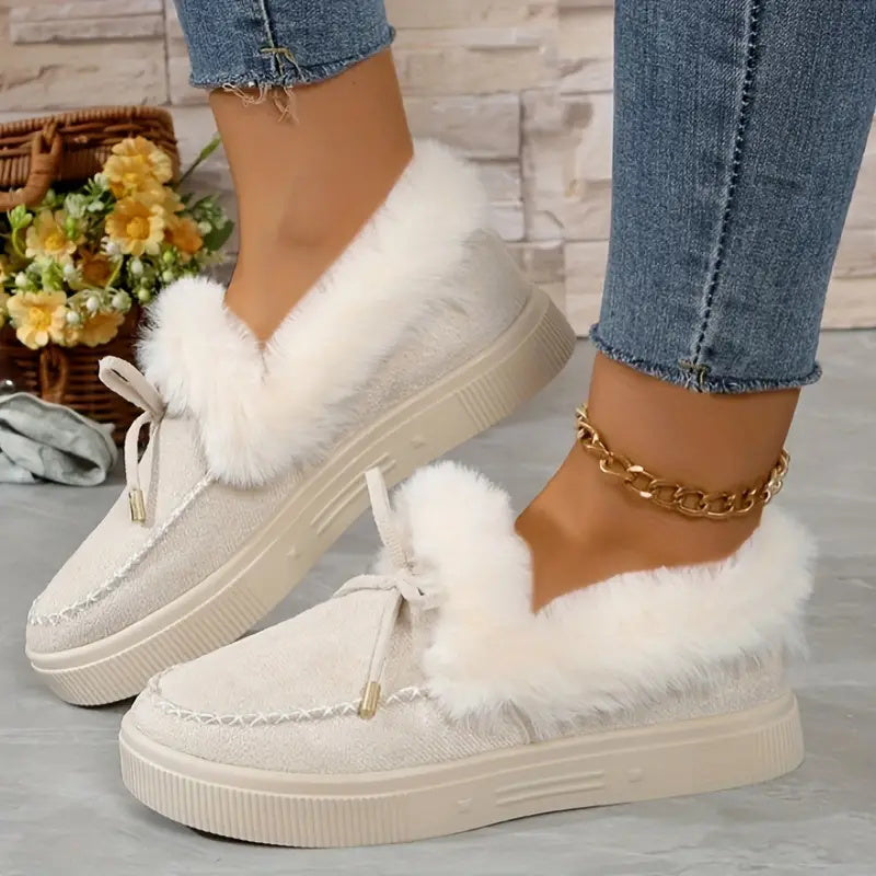 Bow Furry Round Toe Flat Slip-ons