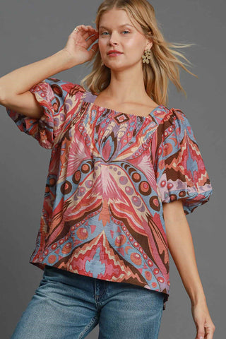 Full Size Abstract Print Smocked Square Neck Puff Sleeve Blouse