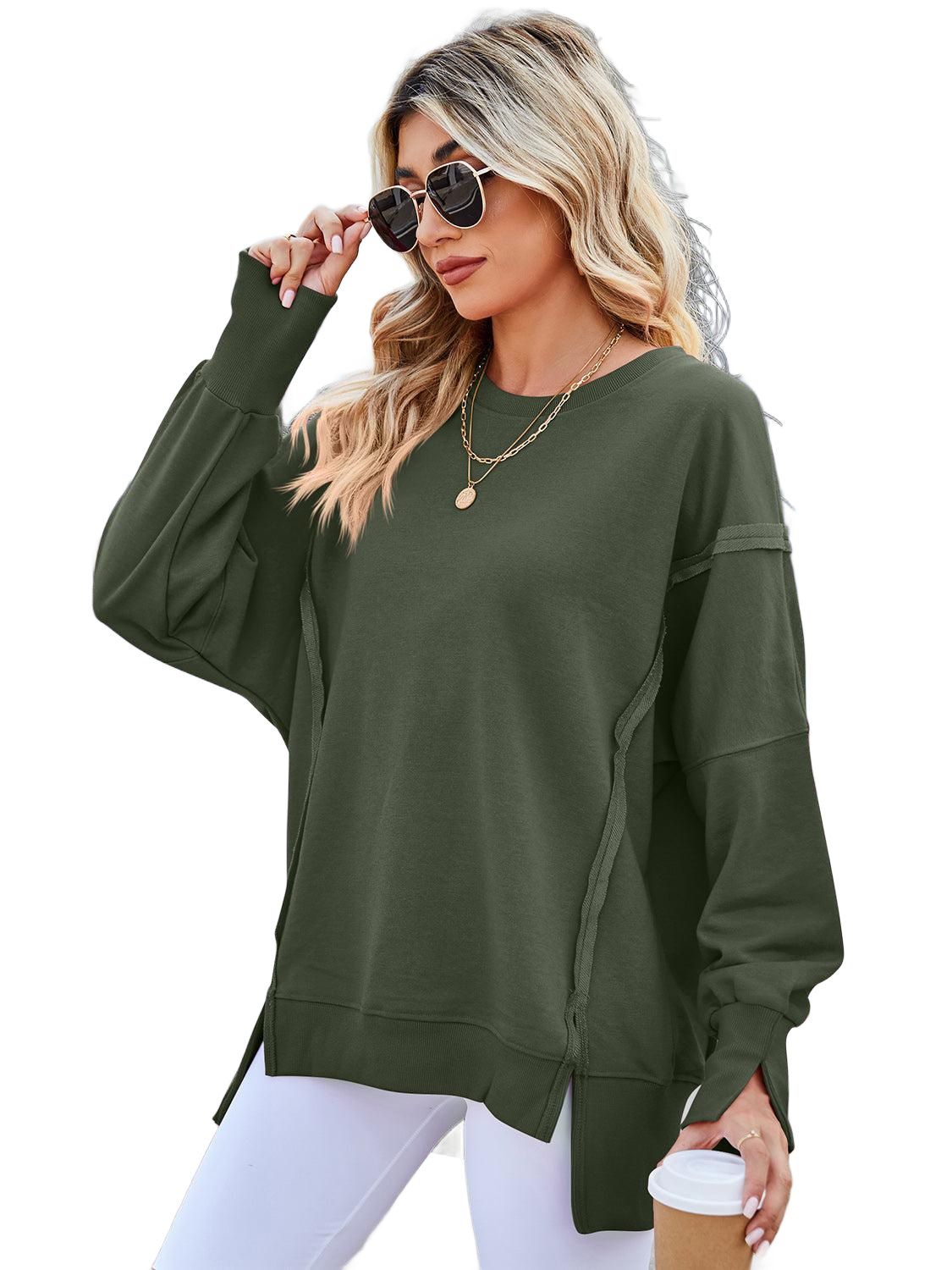 Exposed Seam High-Low Round Neck Sweatshirt