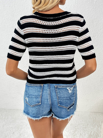 Striped Round Neck Short Sleeve Knit Top