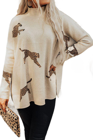 Animal Pattern Mock Neck Long Sleeve Slit Sweater