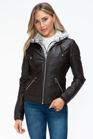 MI Faux Layered Double-Zipper Jacket with Fuzzy Hood