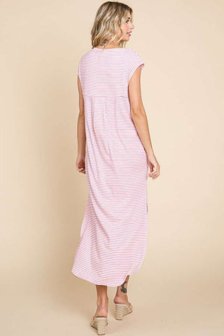 Full Size Striped V-Neck Slit Dress with Pockets