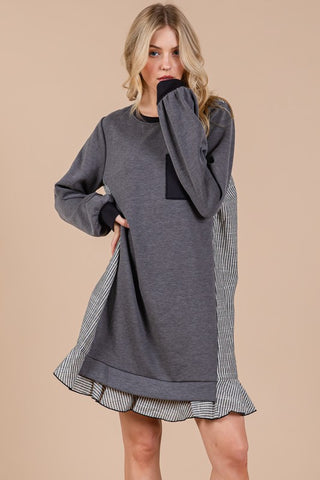 Striped Patchwork Round Neck Terry Sweatshirt Dress