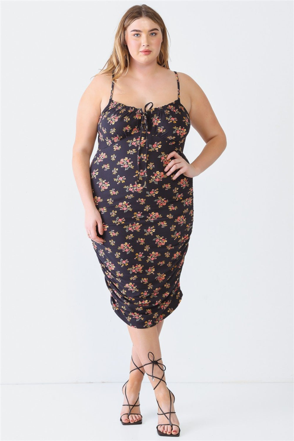 Blue Leopard Plus Size Ruched Floral Square Neck Came Dress