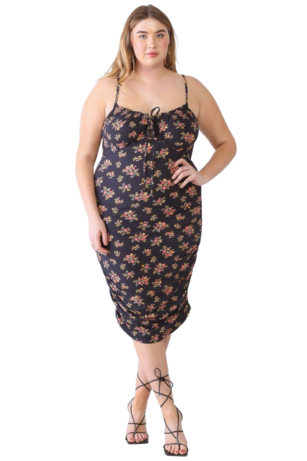 Blue Leopard Plus Size Ruched Floral Square Neck Came Dress