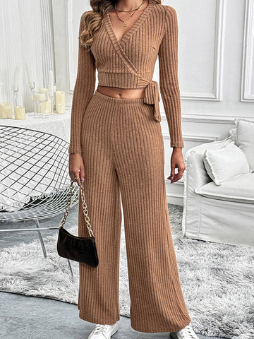 Surplice Long Sleeve Top and Pants Set