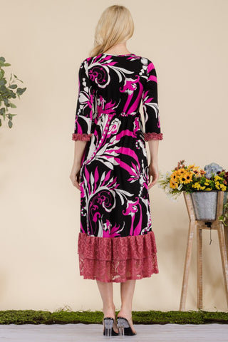 Full Size Paisley Print Lace Ruffled Midi Dress