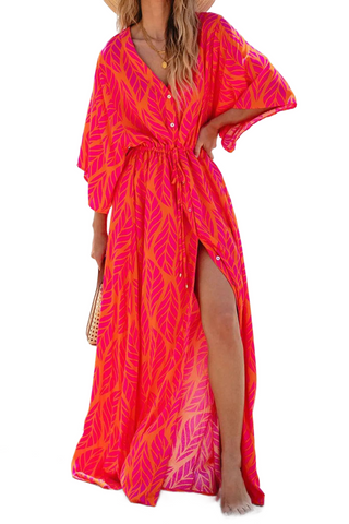 Drawstring Printed V-Neck Maxi Dress