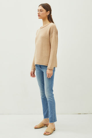 Be Cool Rolled Openwork Round Neck Sweater