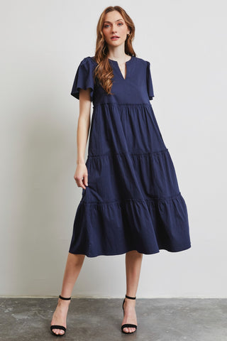 Full Size Cotton Poplin Ruffled Tiered Midi Dress