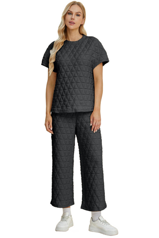 Full Size Texture Round Neck Short Sleeve Top and Pants Set