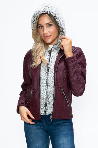 PMI Faux Layered Double-Zipper Jacket with Fuzzy Hood