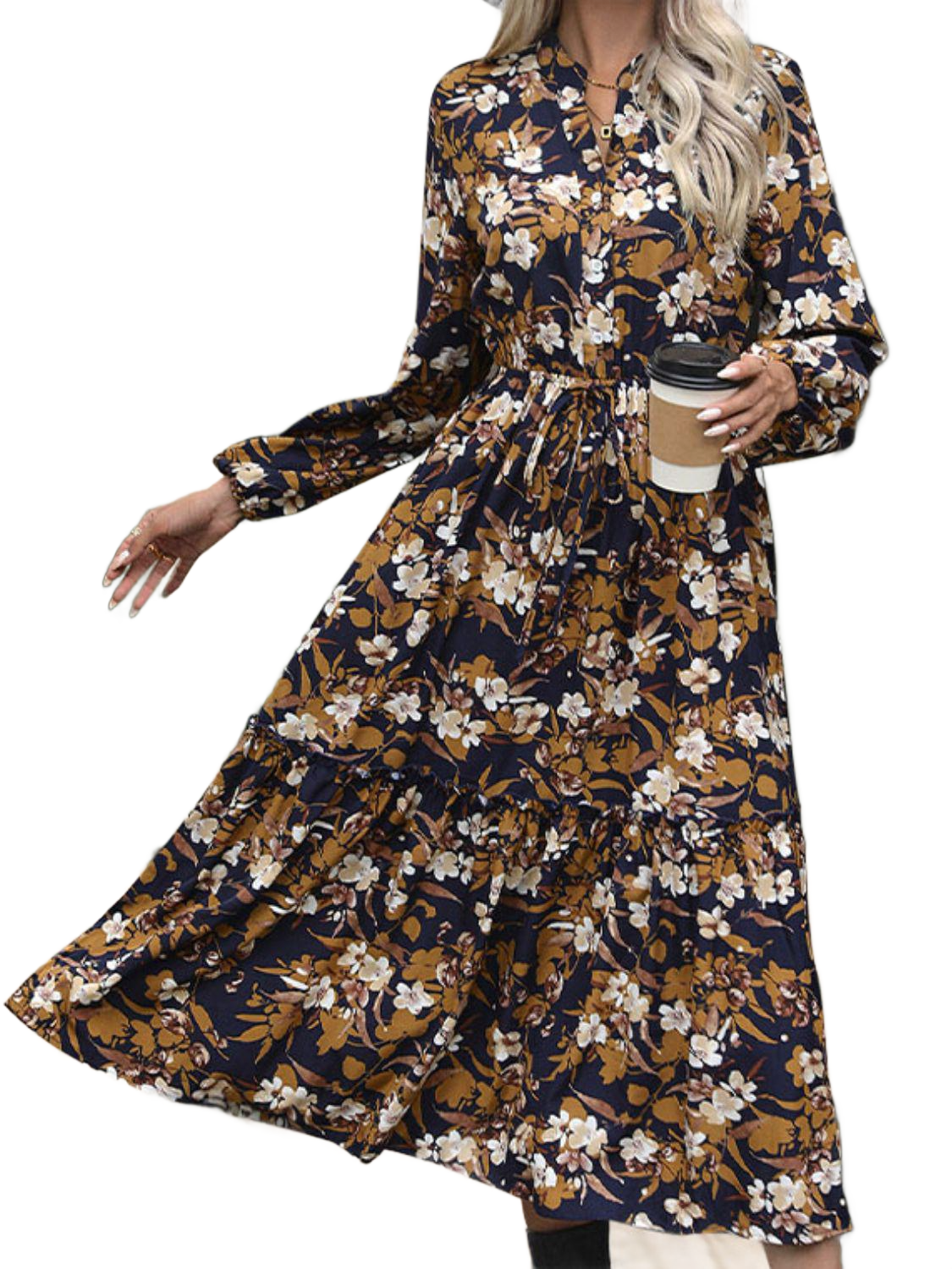 Printed Notched Long Sleeve Midi Dress